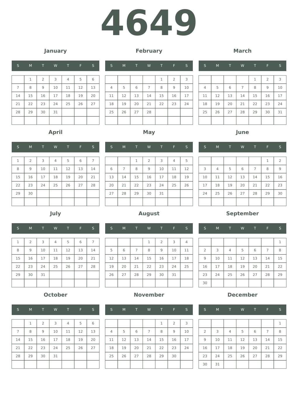 Printable 4649 Year Calendars feldgrau