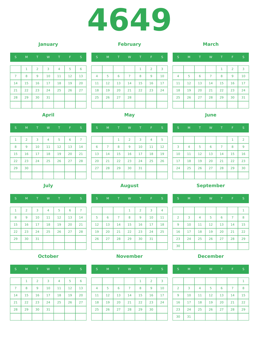 Printable 4649 Year Calendars green