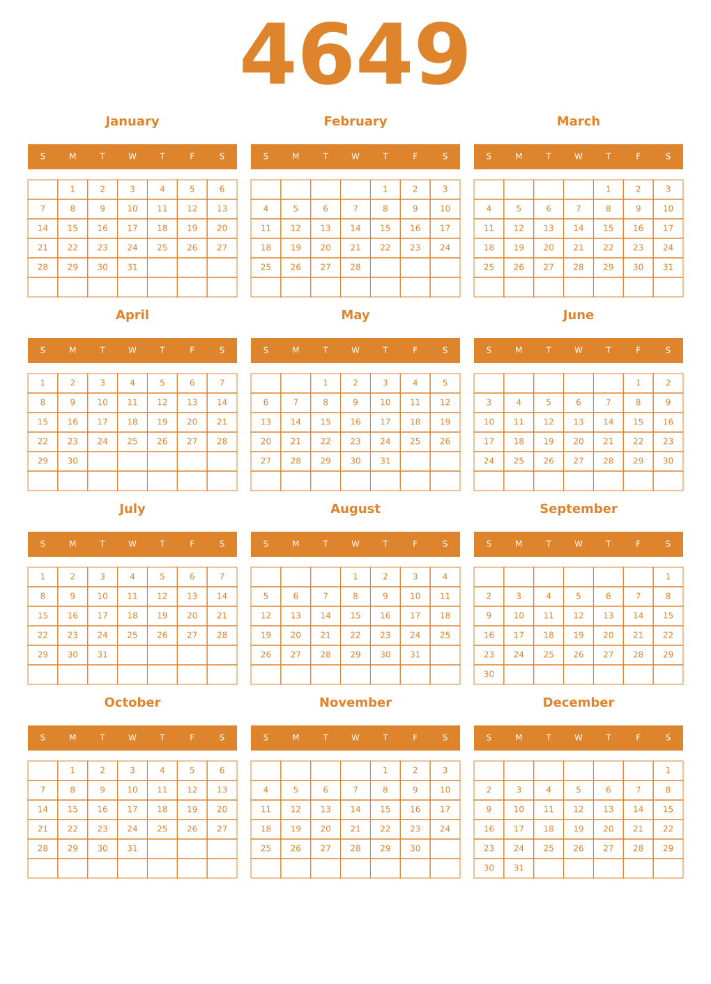 Printable 4649 Year Calendars orange