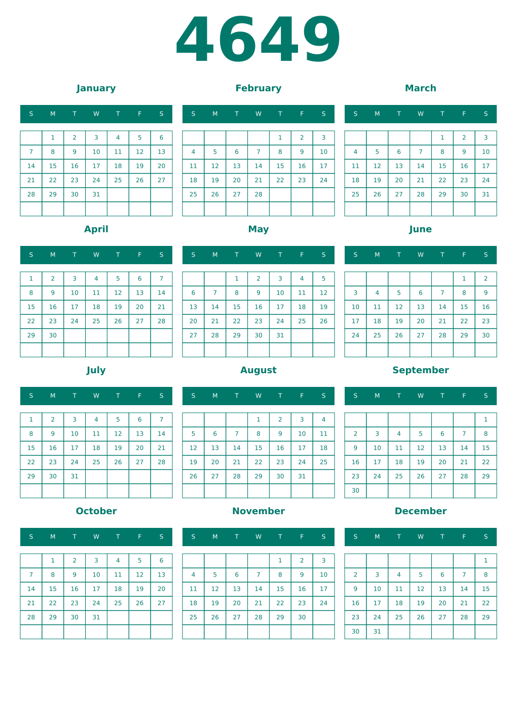 Printable 4649 Year Calendars pastel