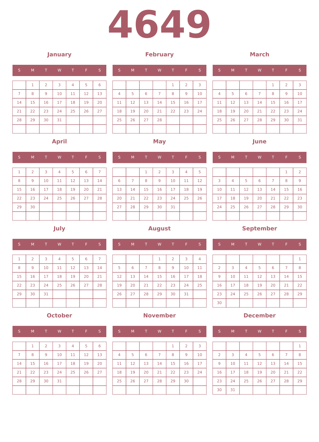 Printable 4649 Year Calendars puce