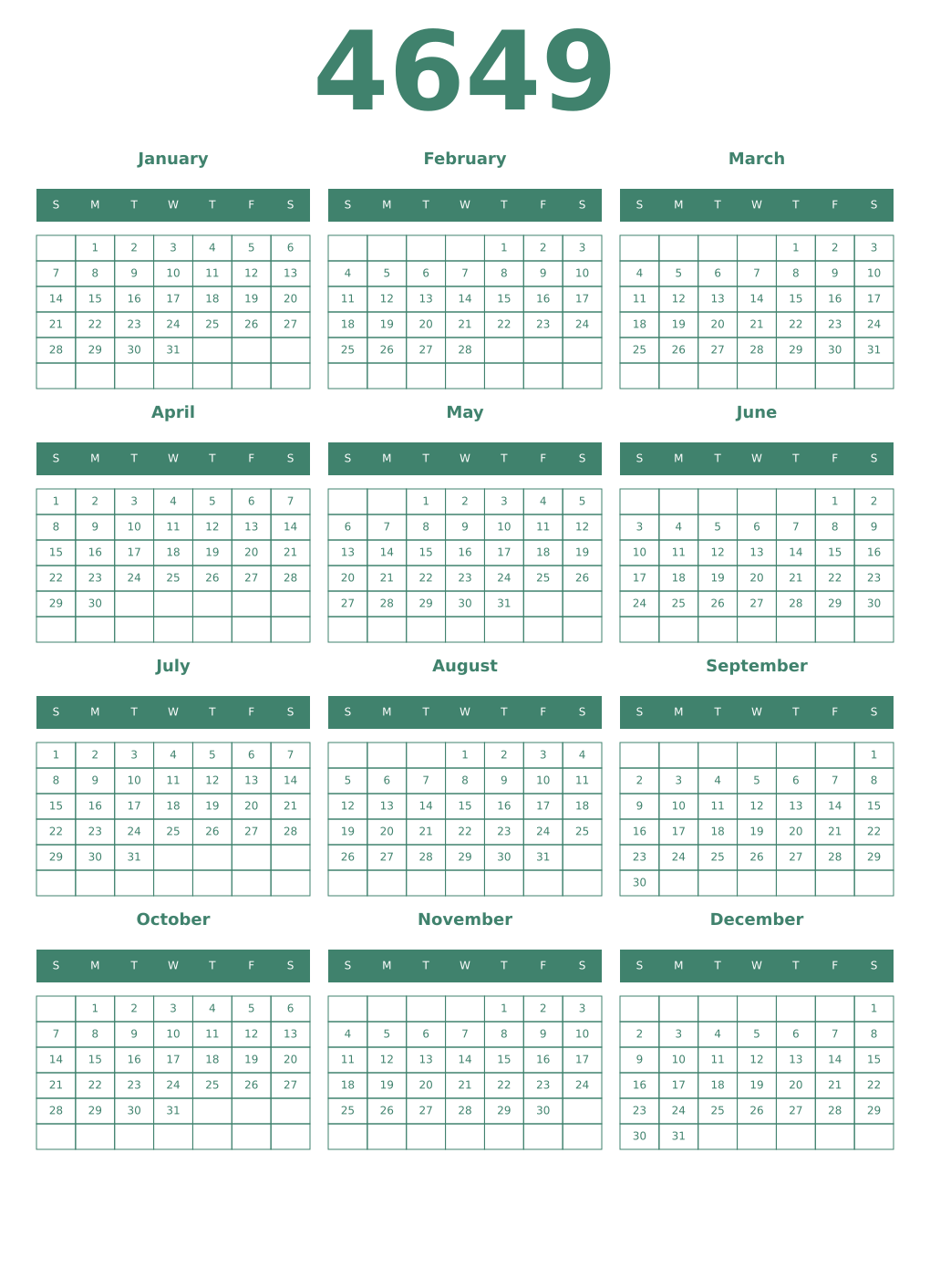 Printable 4649 Year Calendars viridian