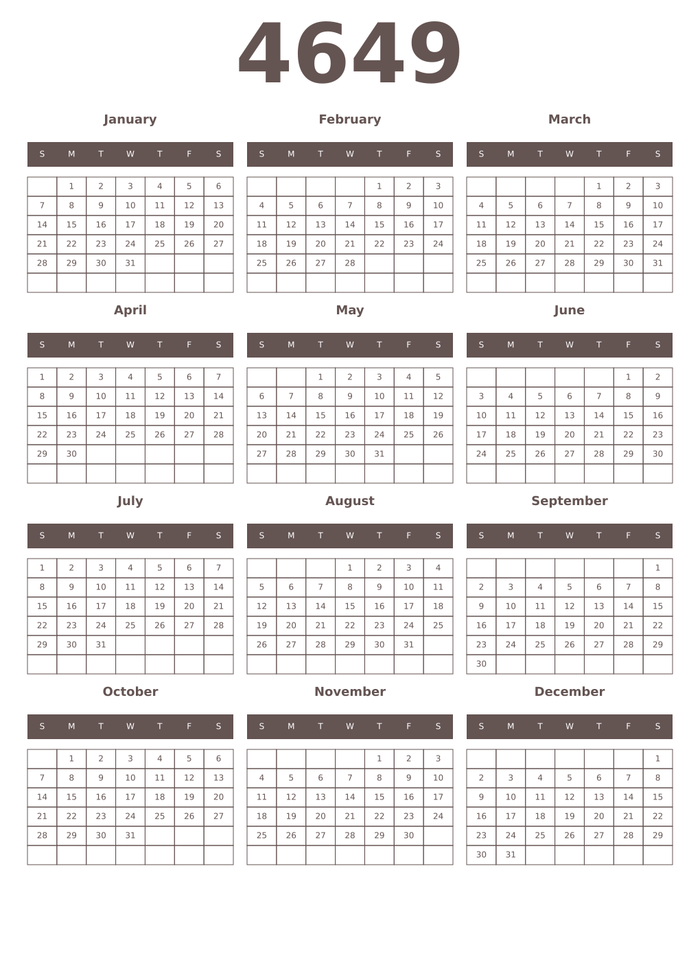 Printable 4649 Year Calendars wenge