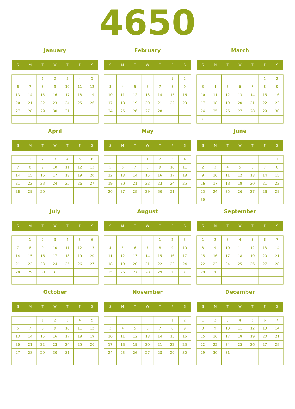 Printable 4650 Year Calendars chartreuse