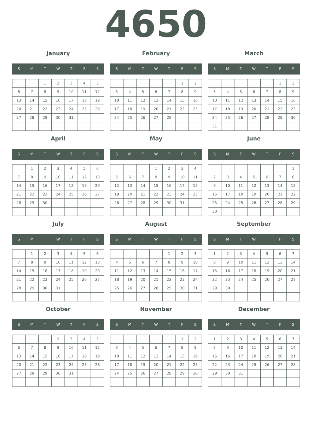 Printable 4650 Year Calendars feldgrau