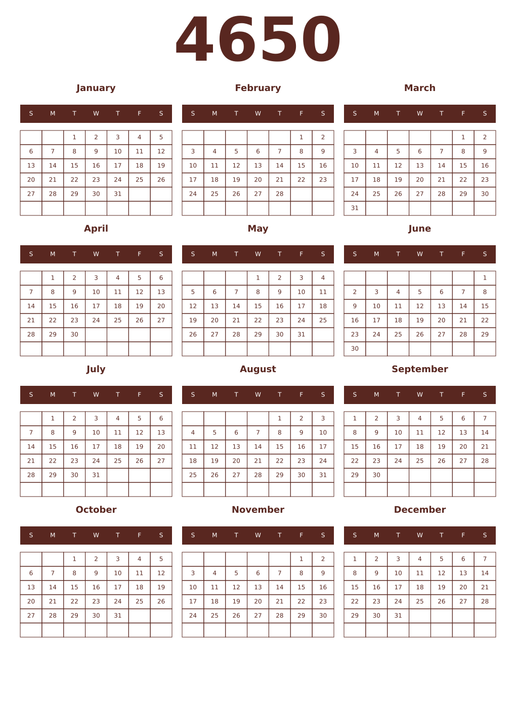 Printable 4650 Year Calendars mortuum