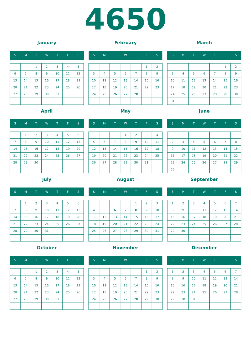 Printable 4650 Year Calendars pastel