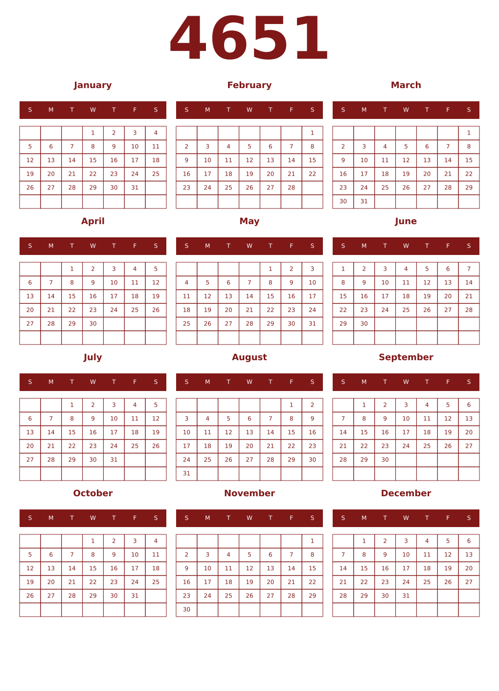 Printable 4651 Year Calendars falu