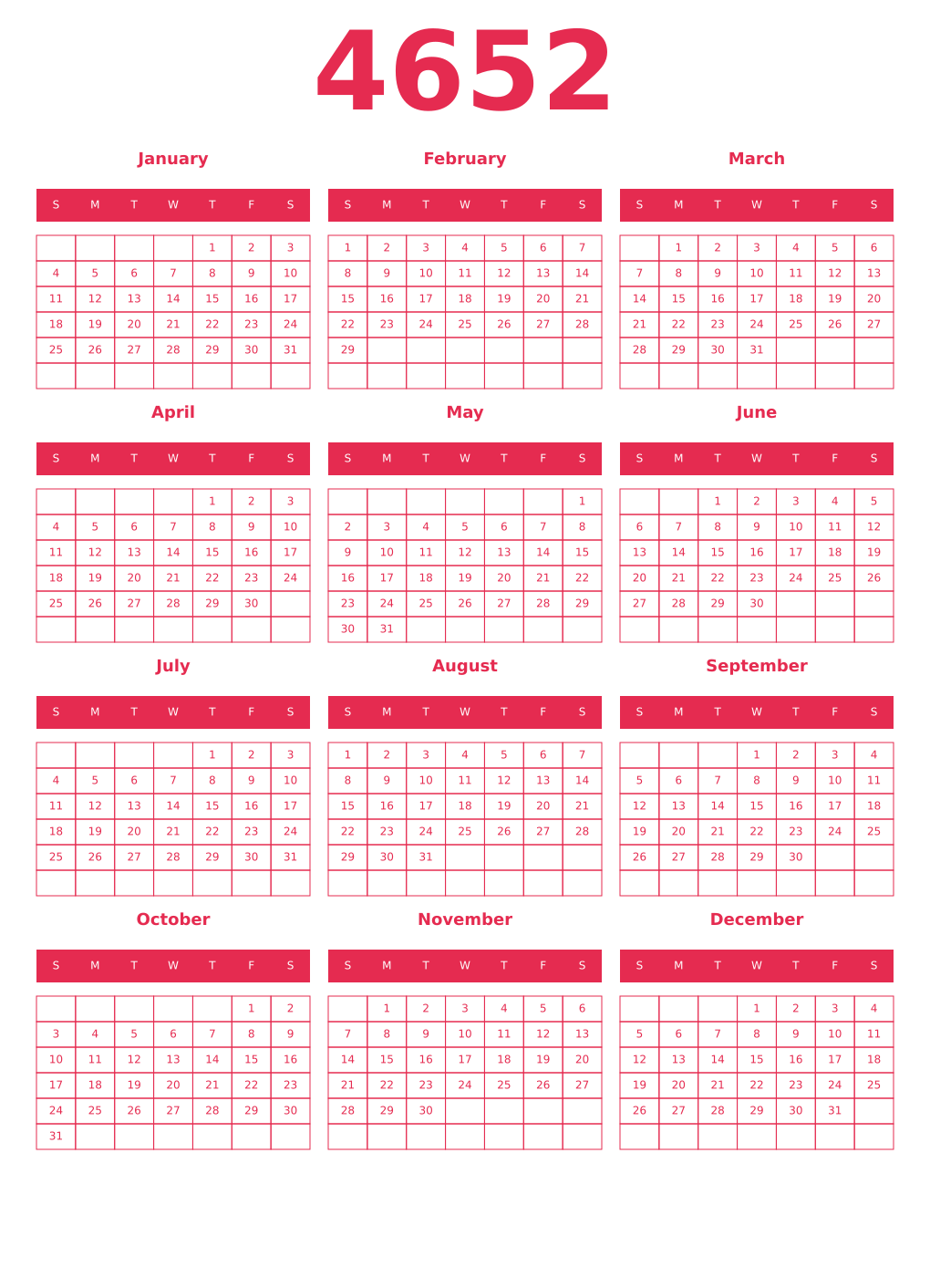 Printable 4652 Year Calendars amaranth