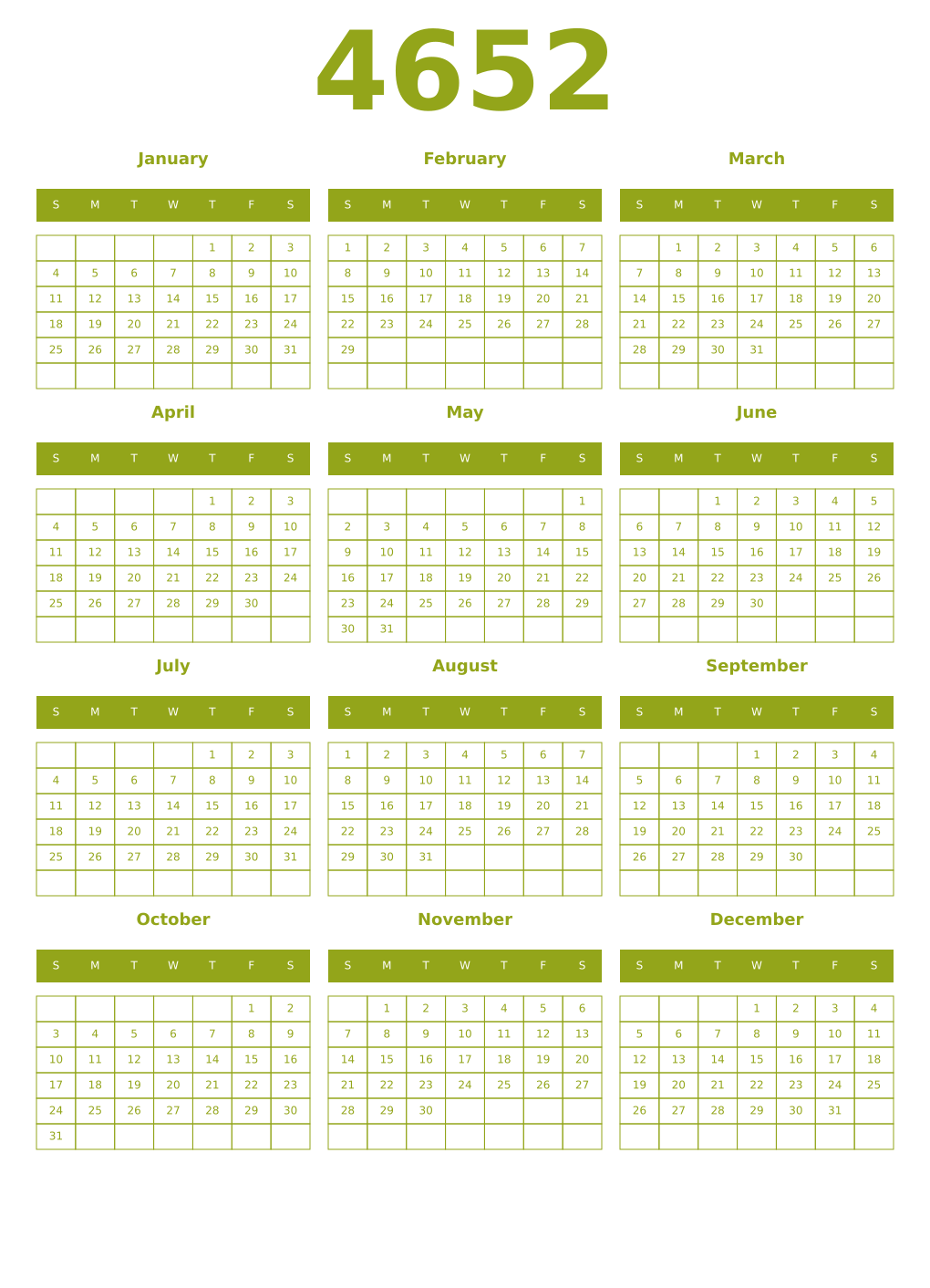 Printable 4652 Year Calendars chartreuse