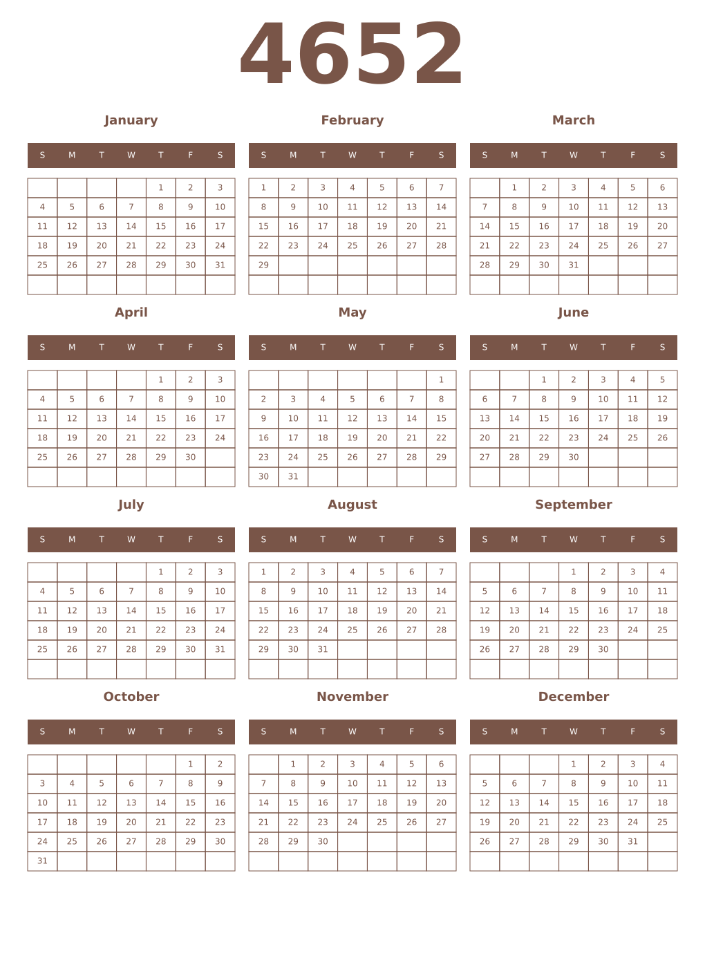 Printable 4652 Year Calendars coffe