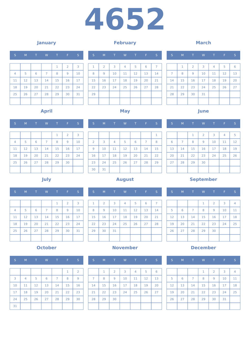 Printable 4652 Year Calendars glaucous