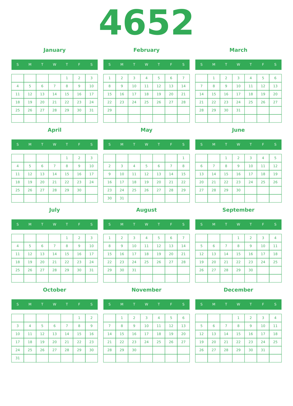 Printable 4652 Year Calendars green