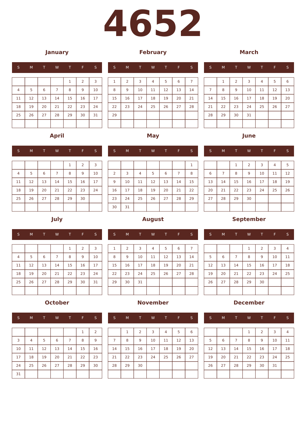 Printable 4652 Year Calendars mortuum