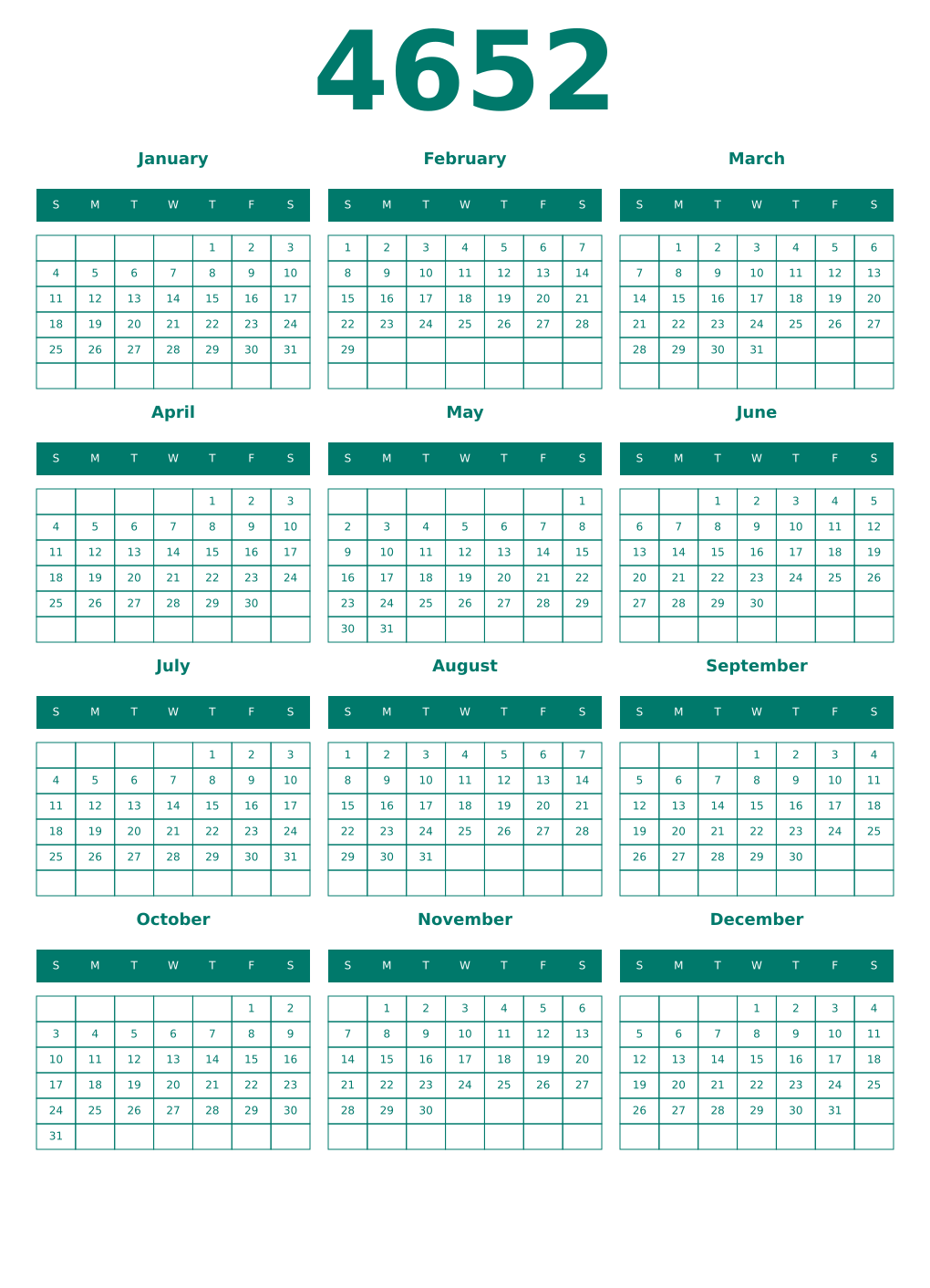 Printable 4652 Year Calendars pastel