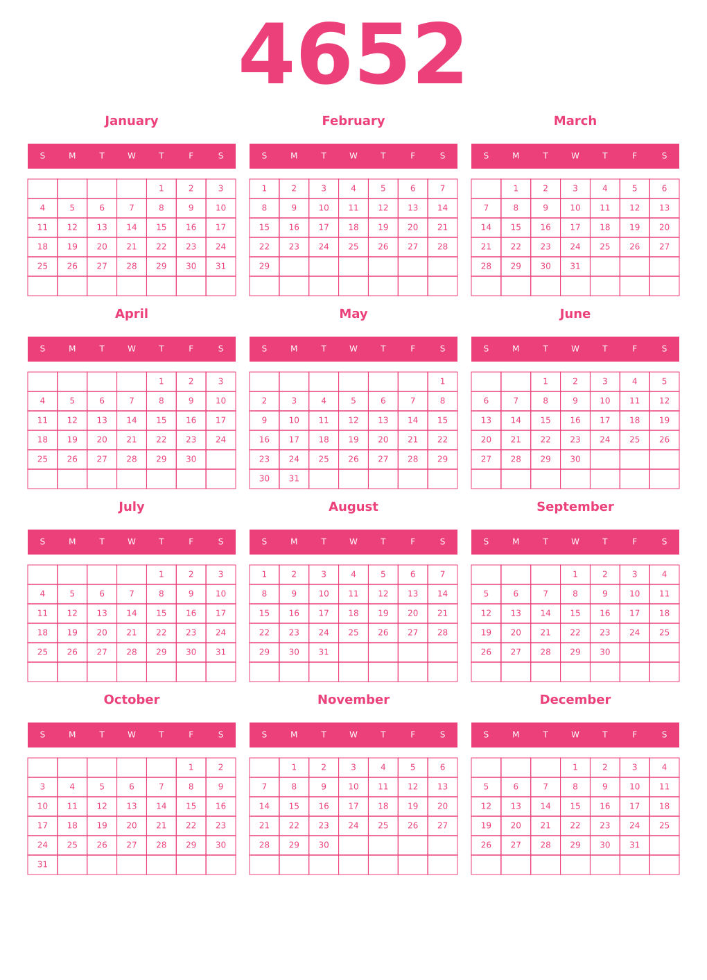 Printable 4652 Year Calendars pink