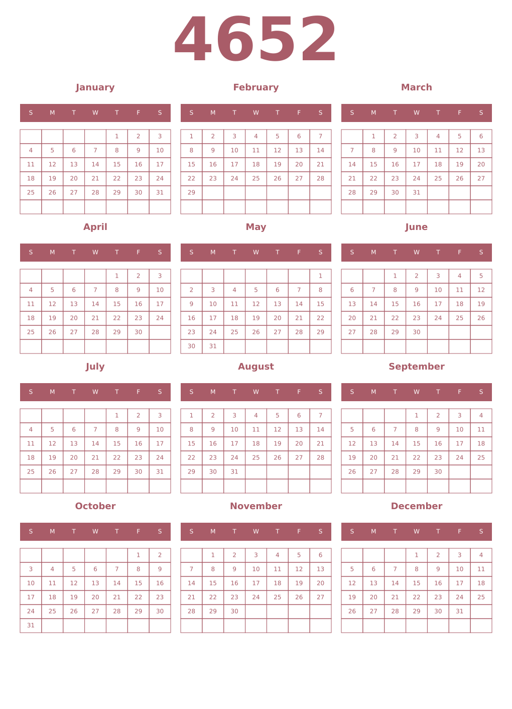 Printable 4652 Year Calendars puce