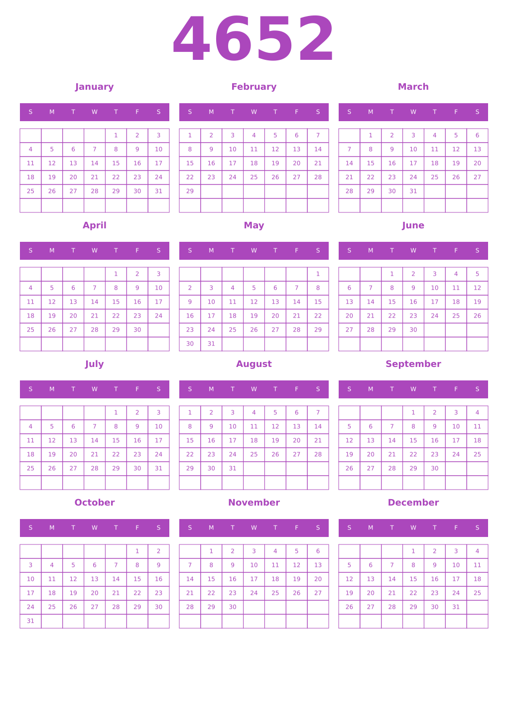 Printable 4652 Year Calendars purple