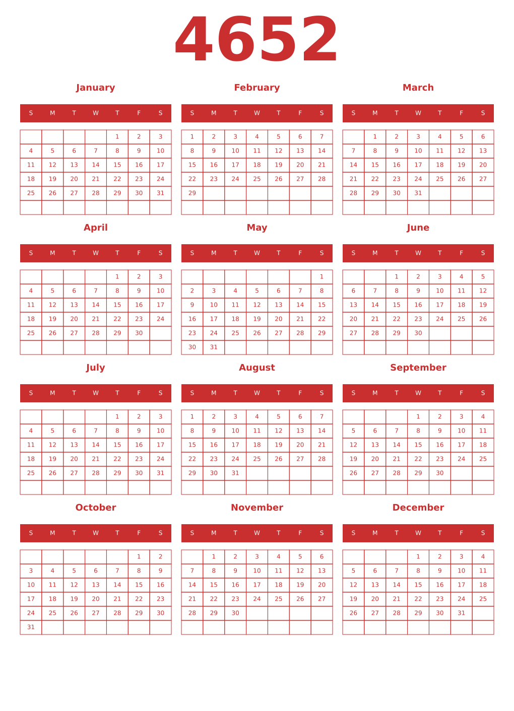 Printable 4652 Year Calendars red