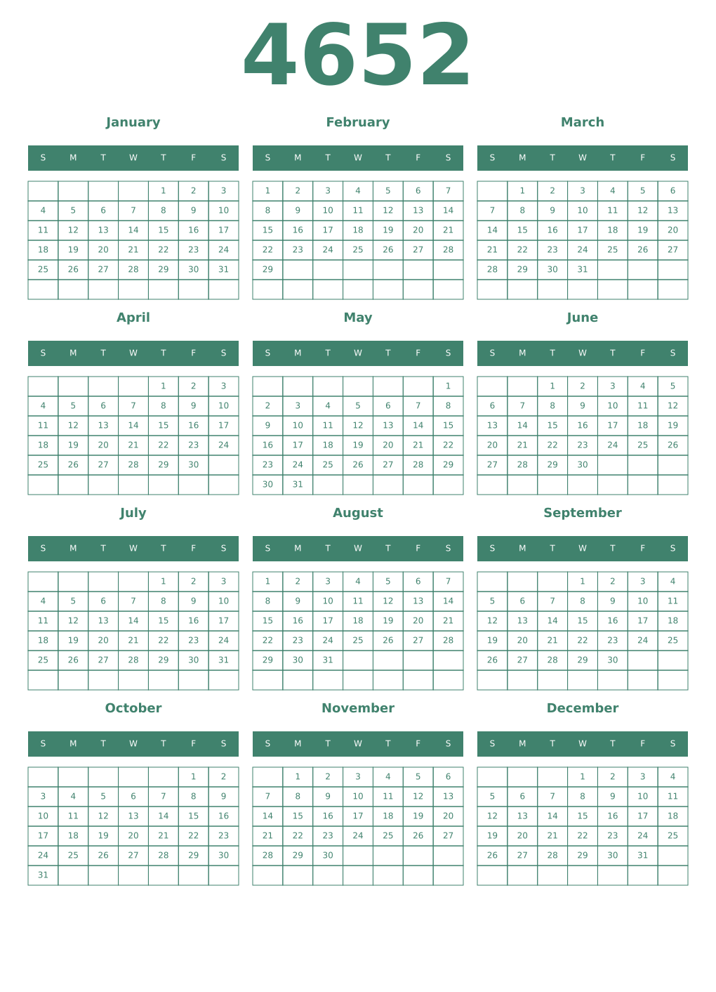 Printable 4652 Year Calendars viridian