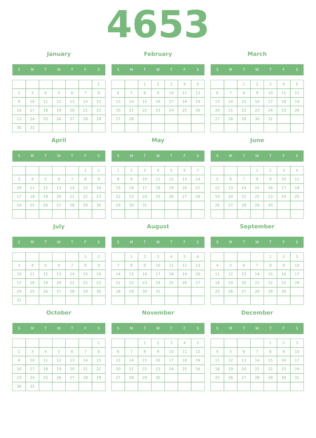Printable 4653 Year Calendars celadon