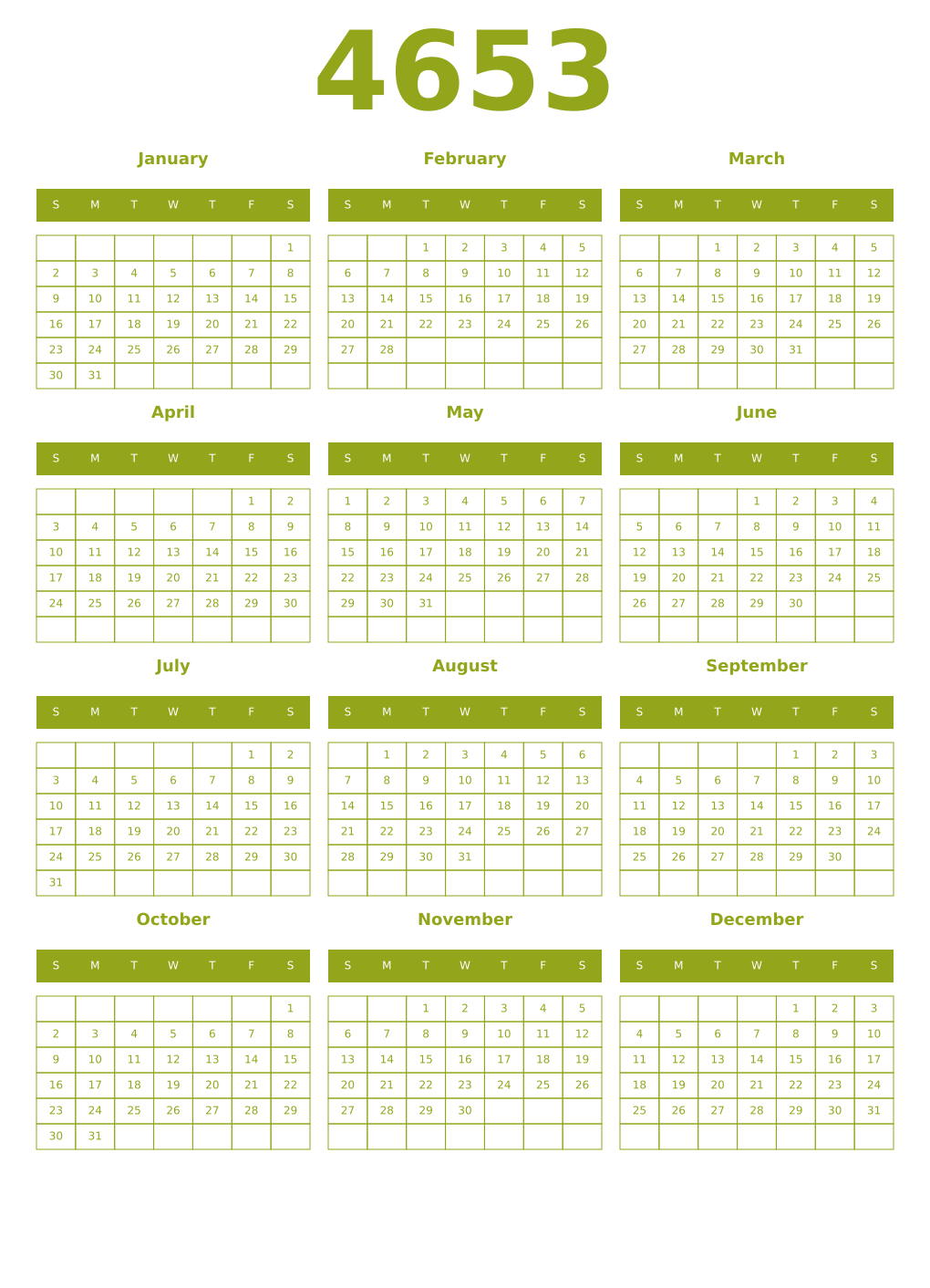 Printable 4653 Year Calendars chartreuse