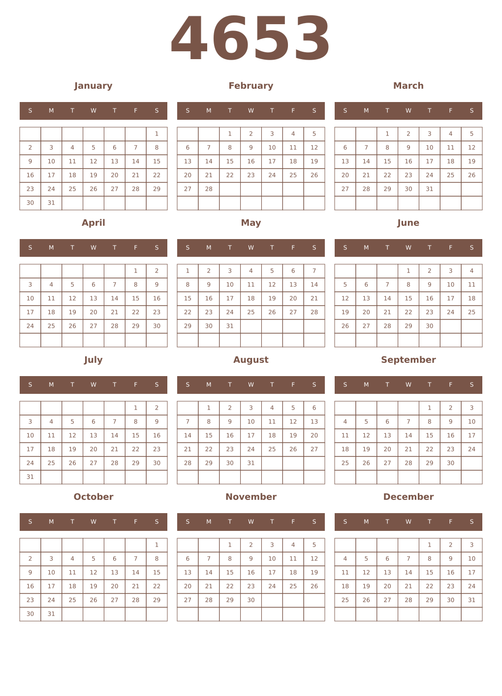 Printable 4653 Year Calendars coffe