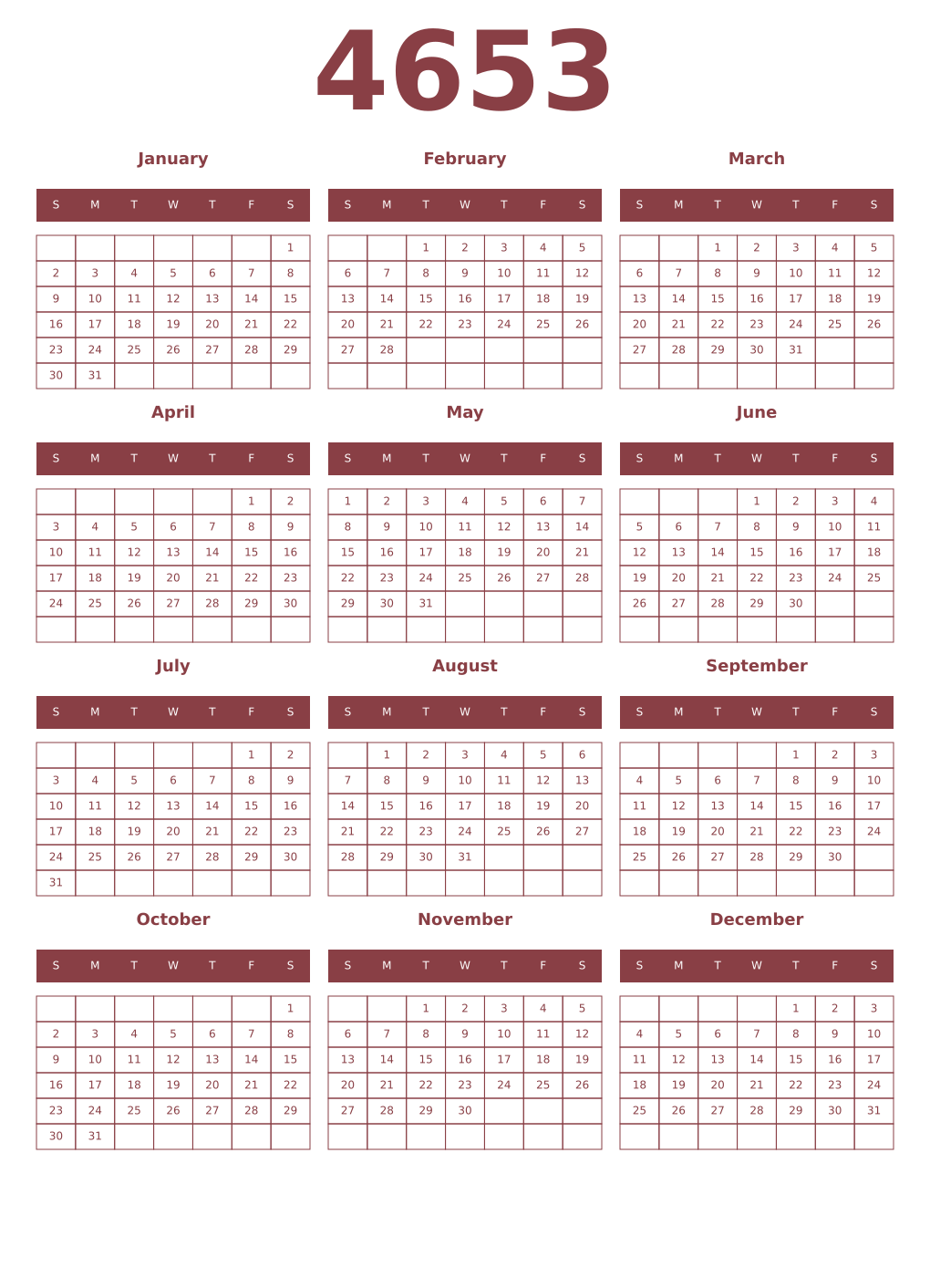 Printable 4653 Year Calendars cordovan