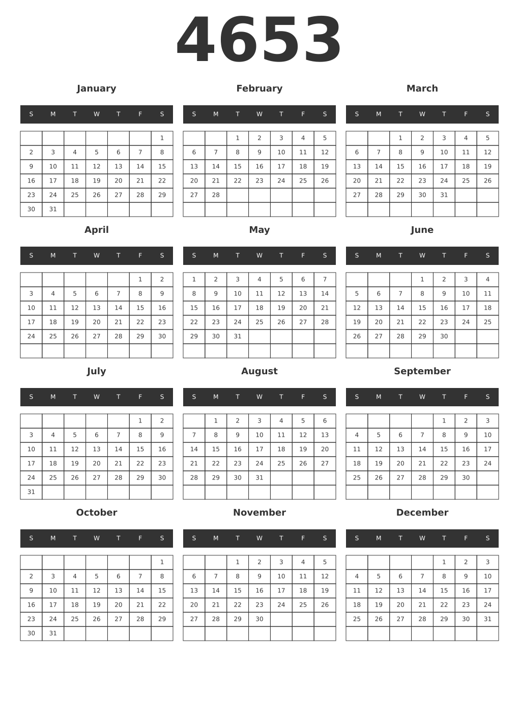 Printable 4653 Year Calendars dark