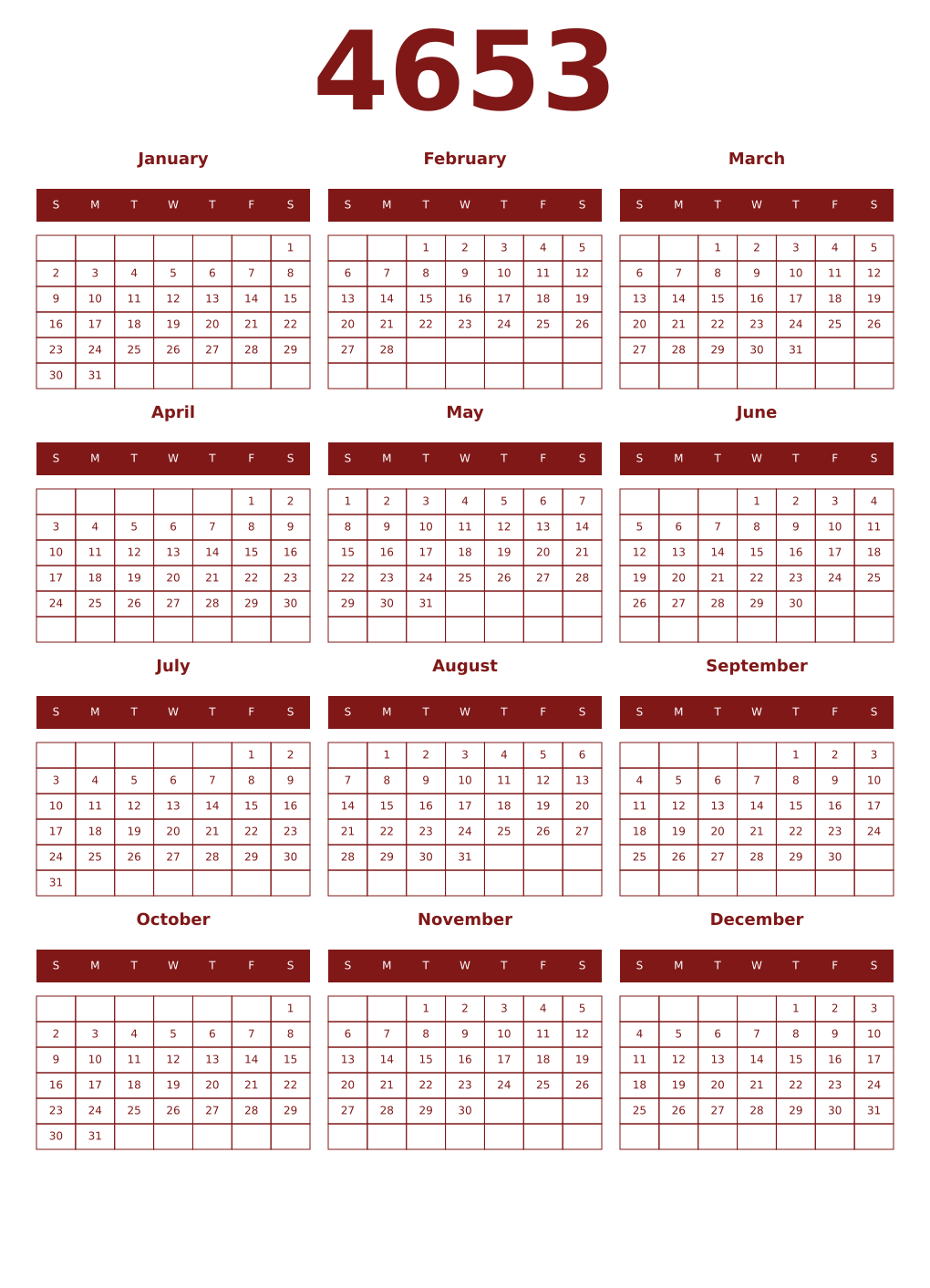 Printable 4653 Year Calendars falu