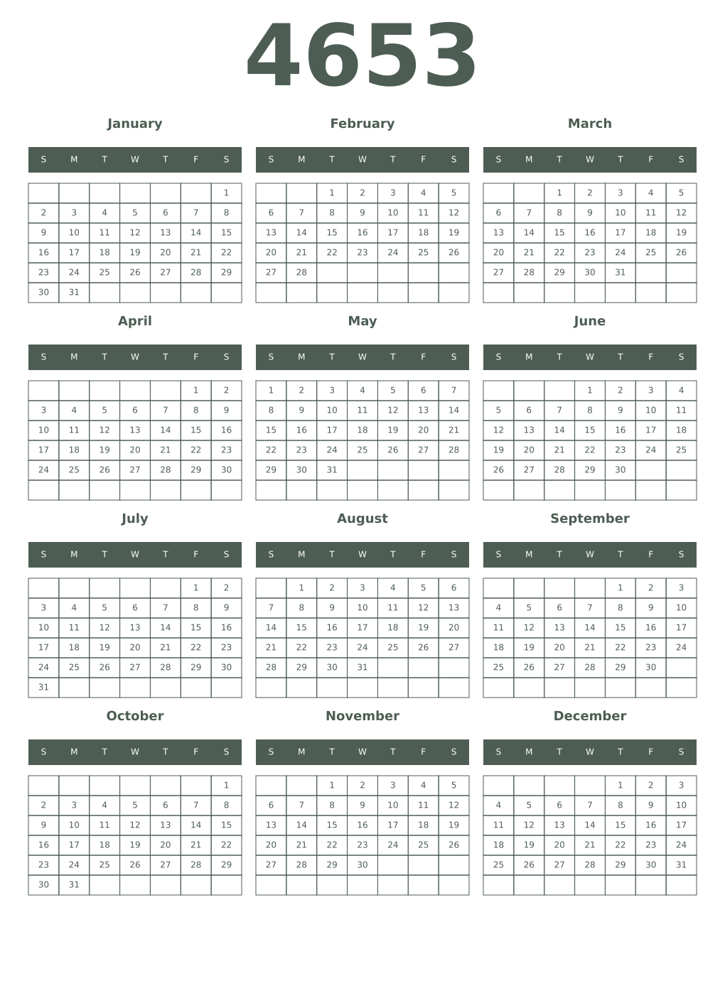 Printable 4653 Year Calendars feldgrau