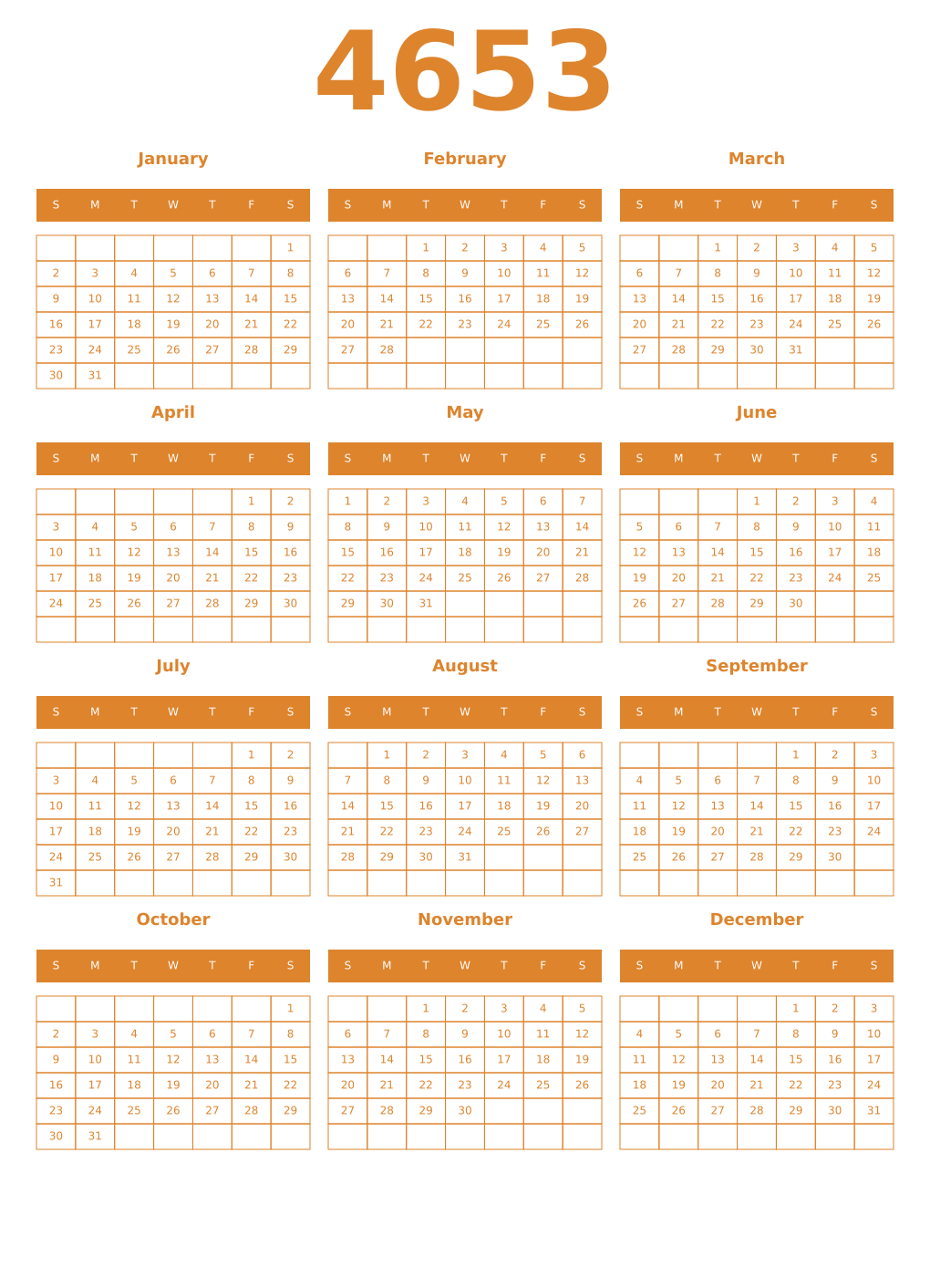 Printable 4653 Year Calendars orange