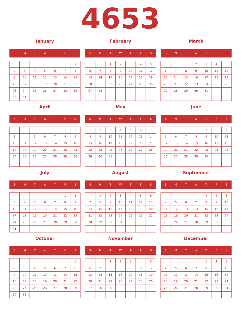 Printable 4653 Year Calendars red