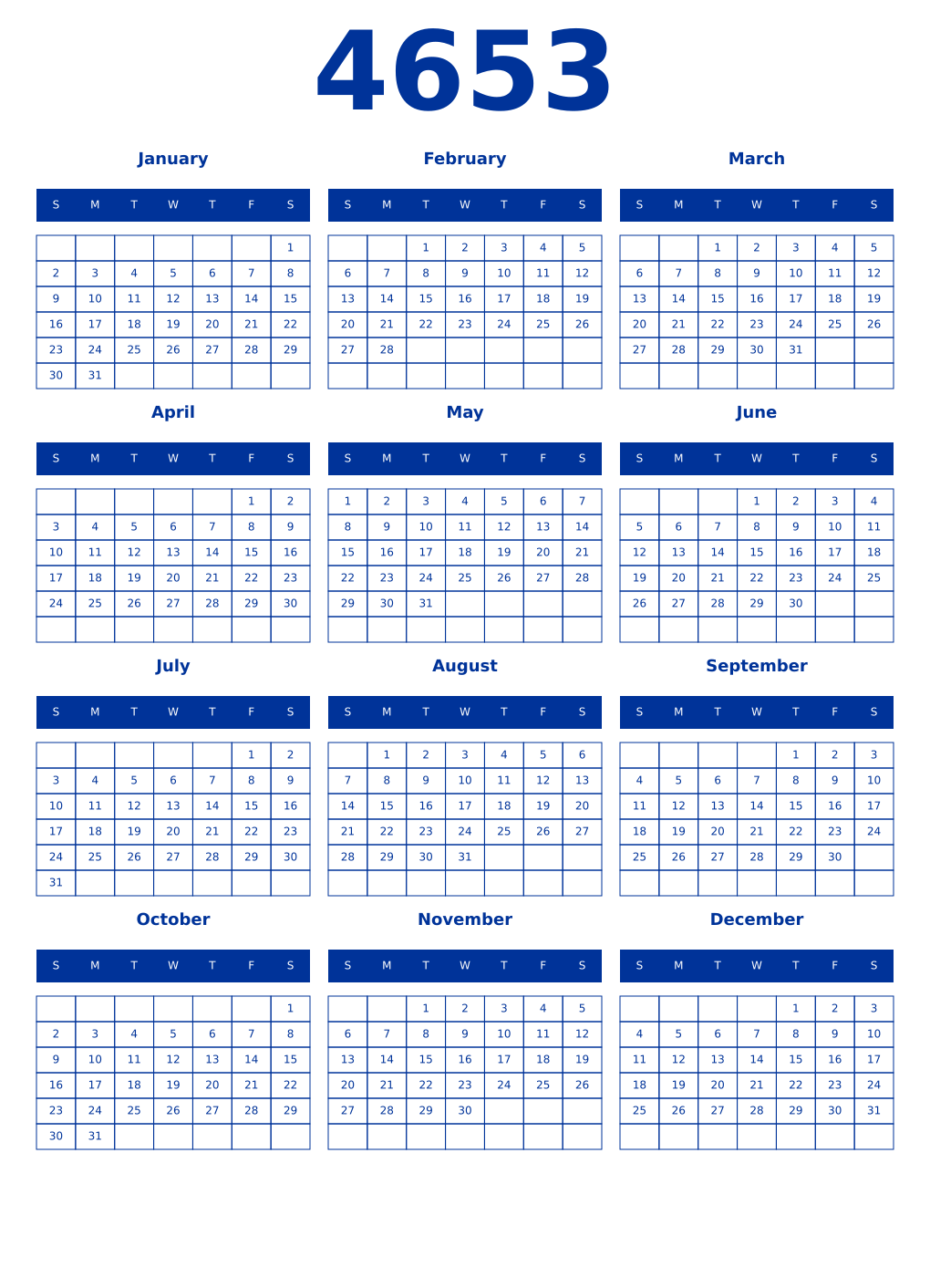 Printable 4653 Year Calendars smalt