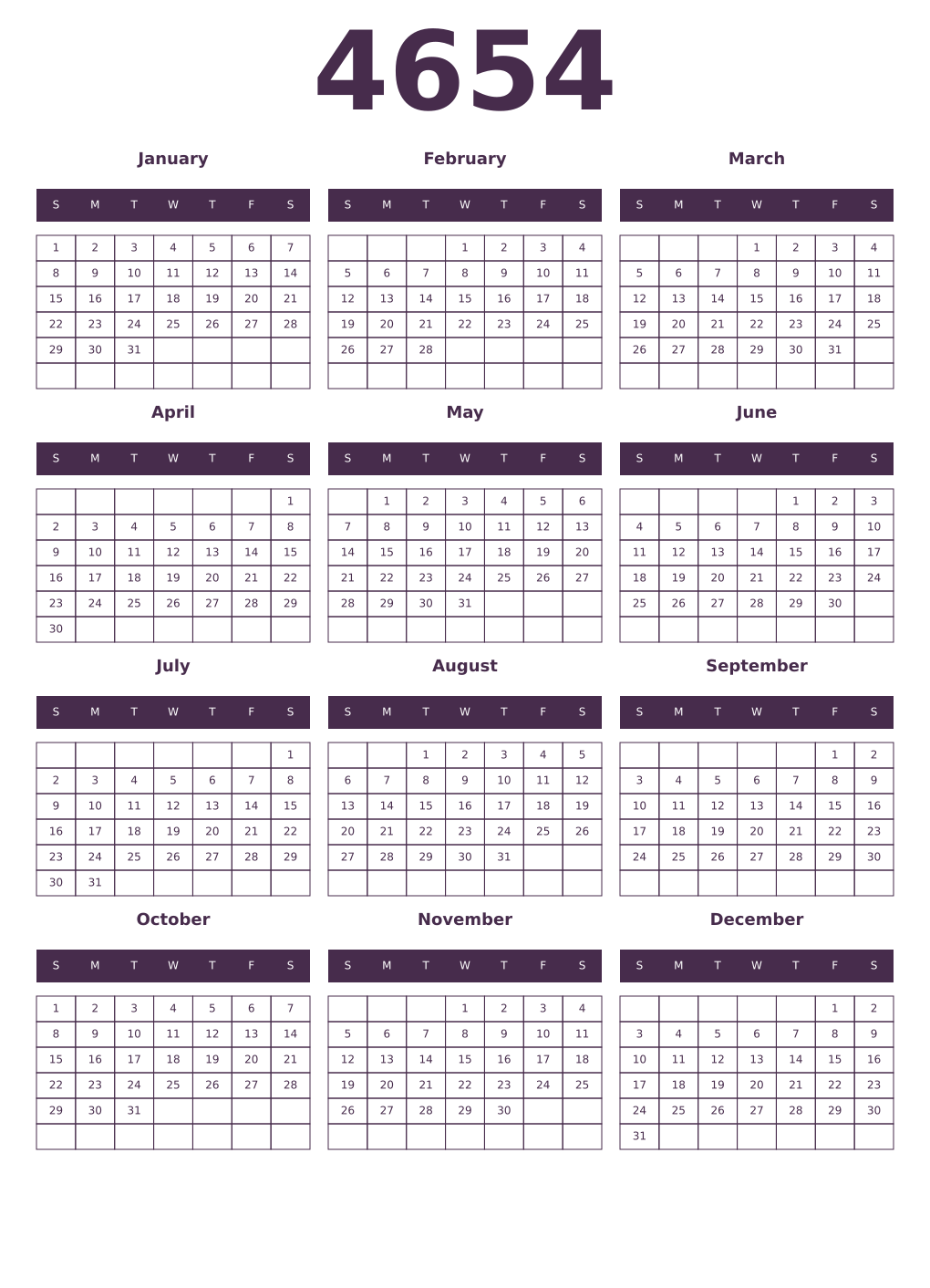 Printable 4654 Year Calendars aubergine