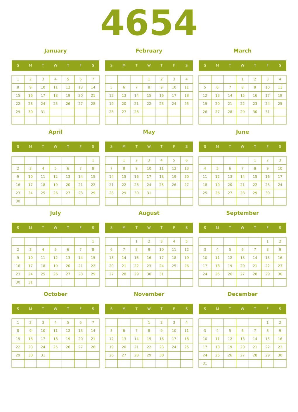 Printable 4654 Year Calendars chartreuse