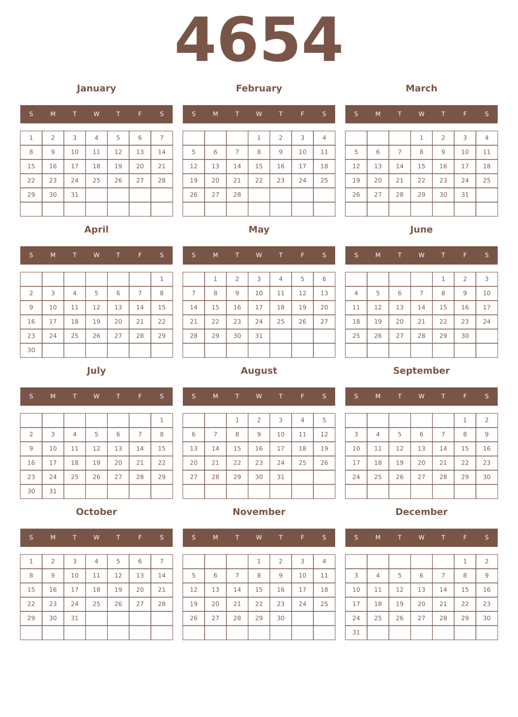 Printable 4654 Year Calendars coffe
