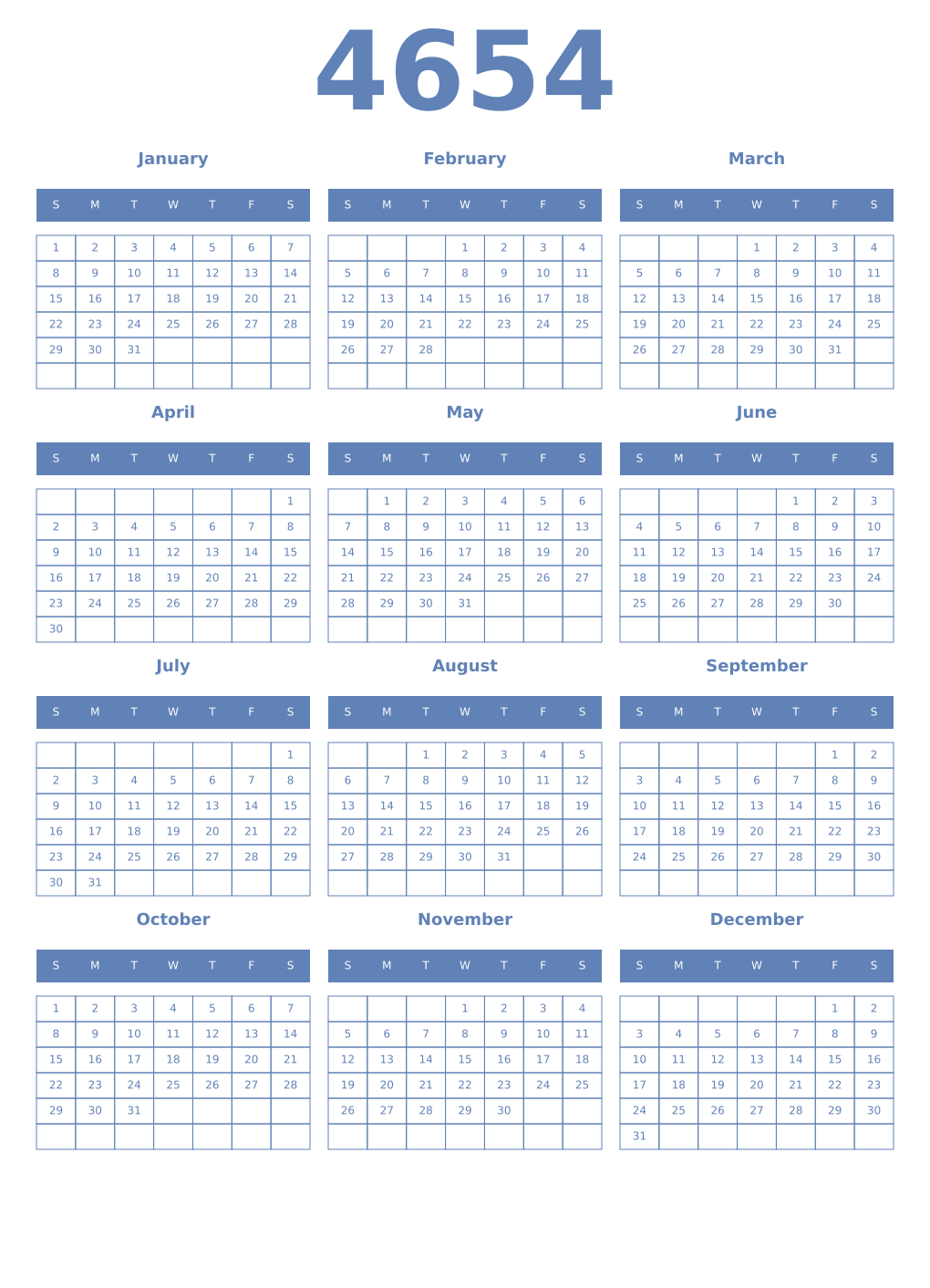 Printable 4654 Year Calendars glaucous