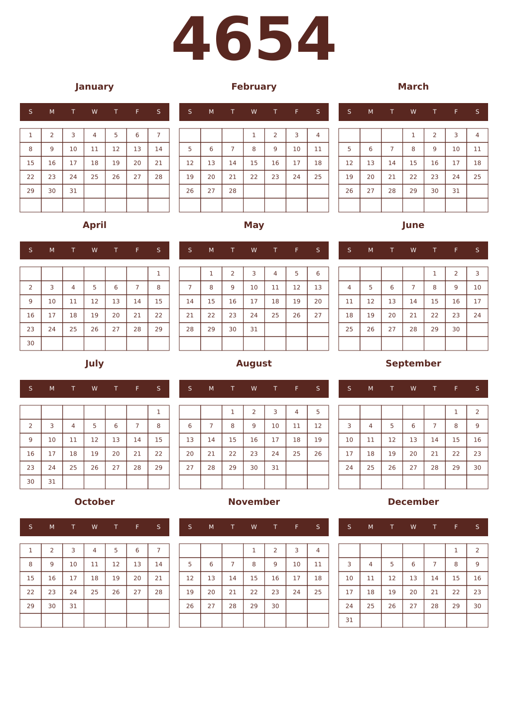 Printable 4654 Year Calendars mortuum