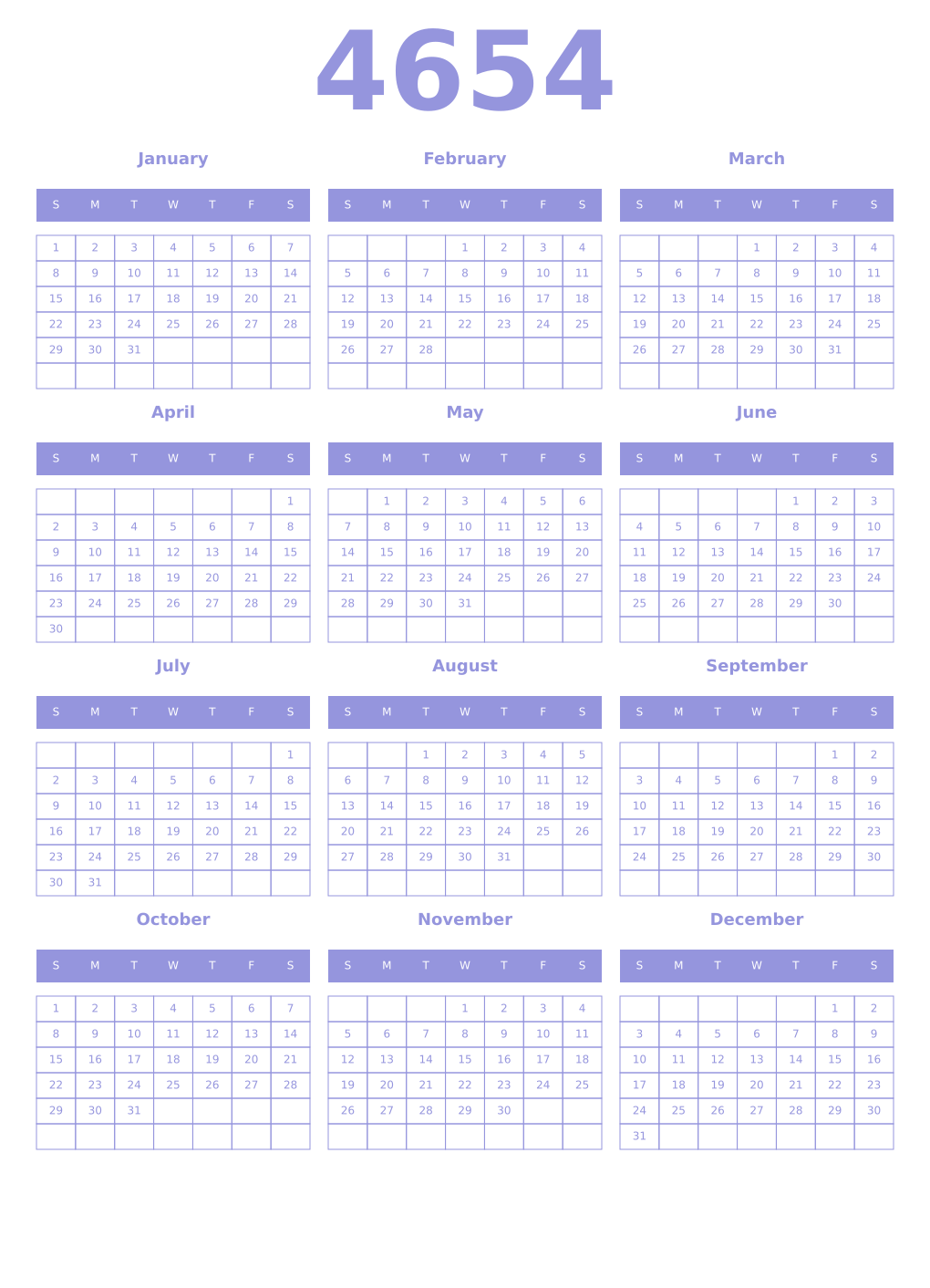 Printable 4654 Year Calendars periwinkle