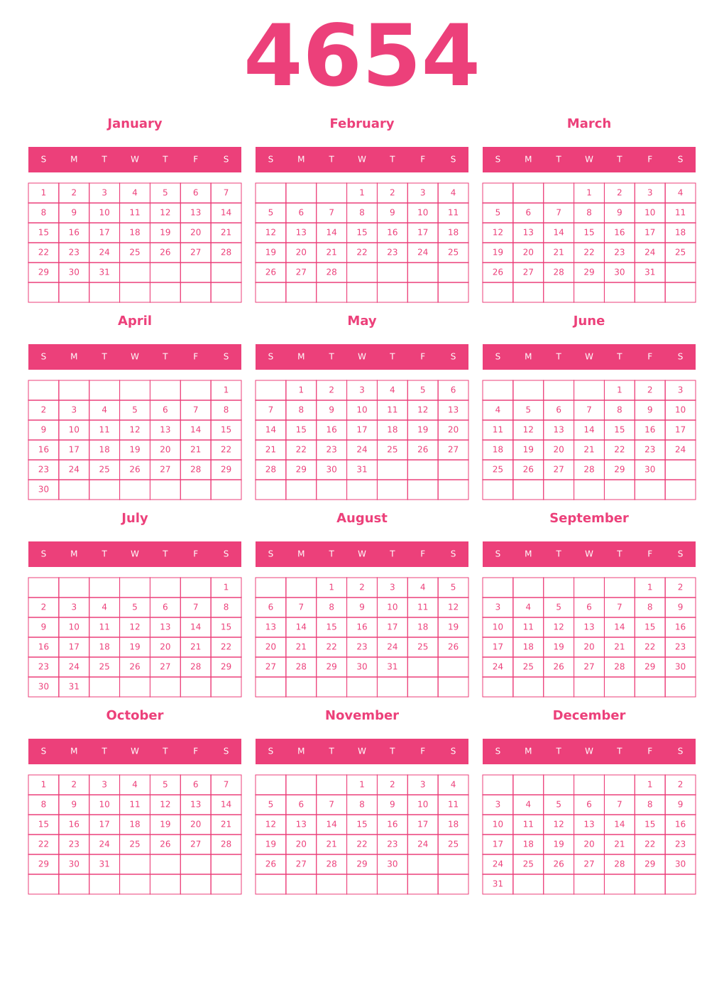 Printable 4654 Year Calendars pink