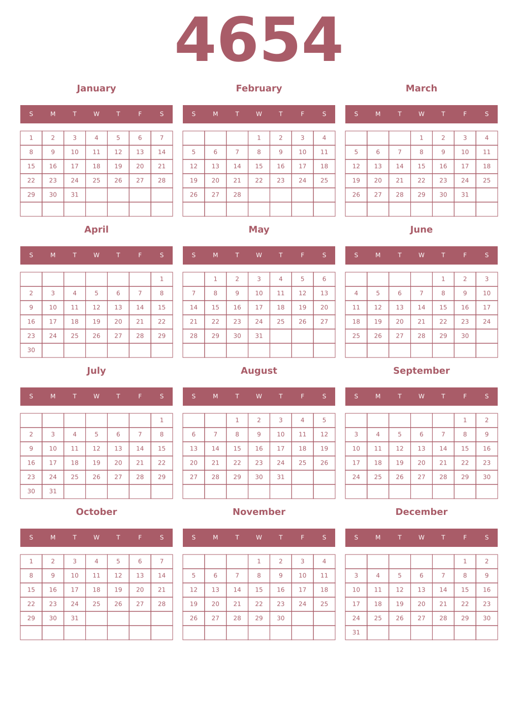 Printable 4654 Year Calendars puce