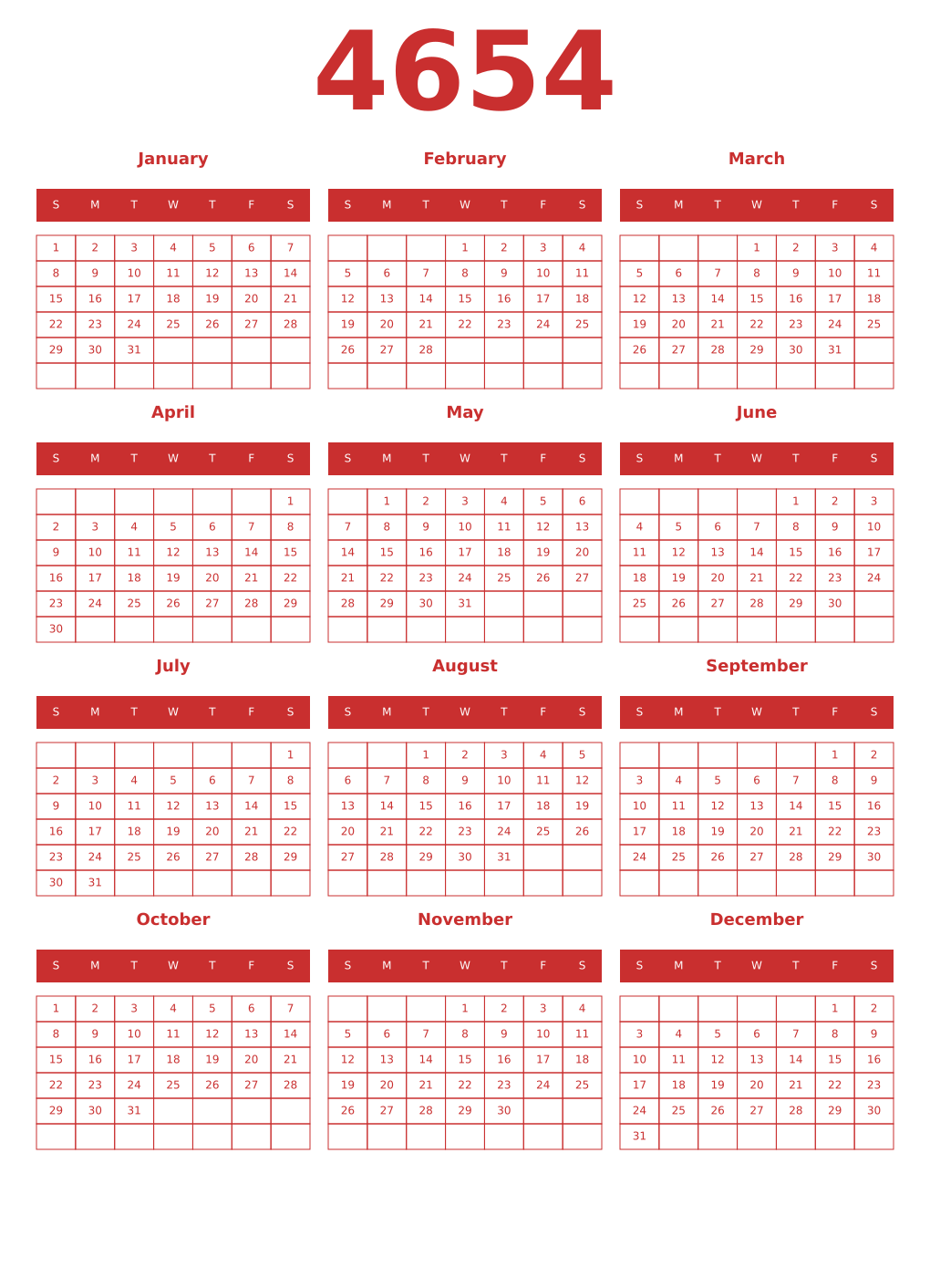 Printable 4654 Year Calendars red