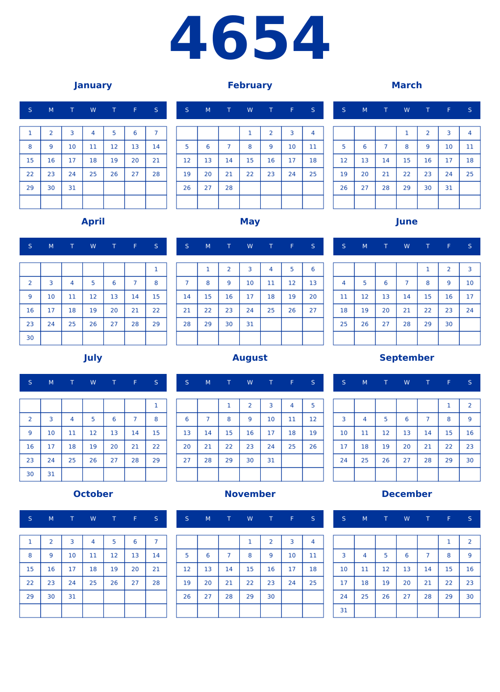 Printable 4654 Year Calendars smalt