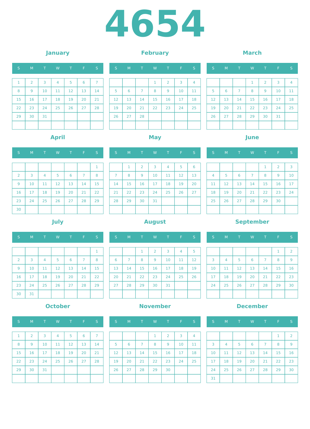 Printable 4654 Year Calendars verdigris