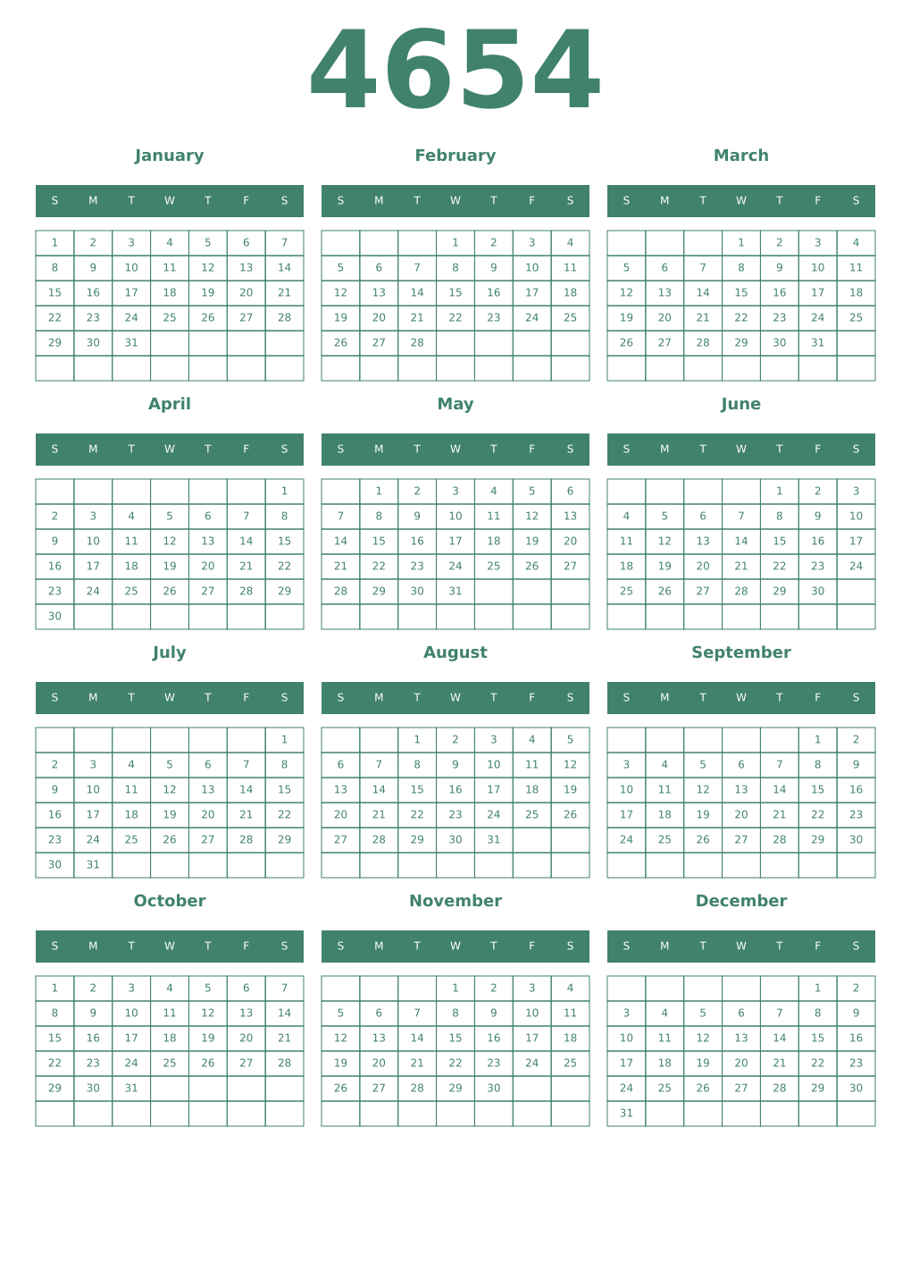 Printable 4654 Year Calendars viridian