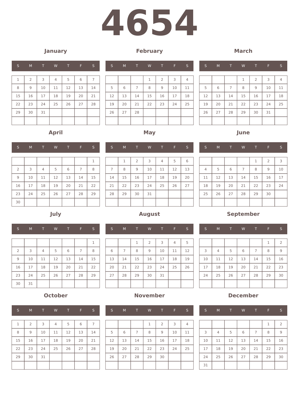 Printable 4654 Year Calendars wenge