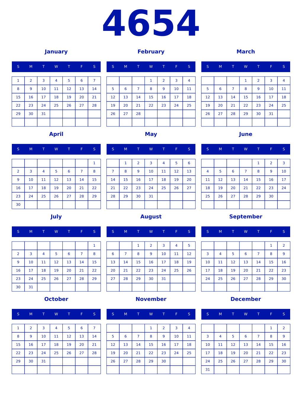 Printable 4654 Year Calendars zaffre