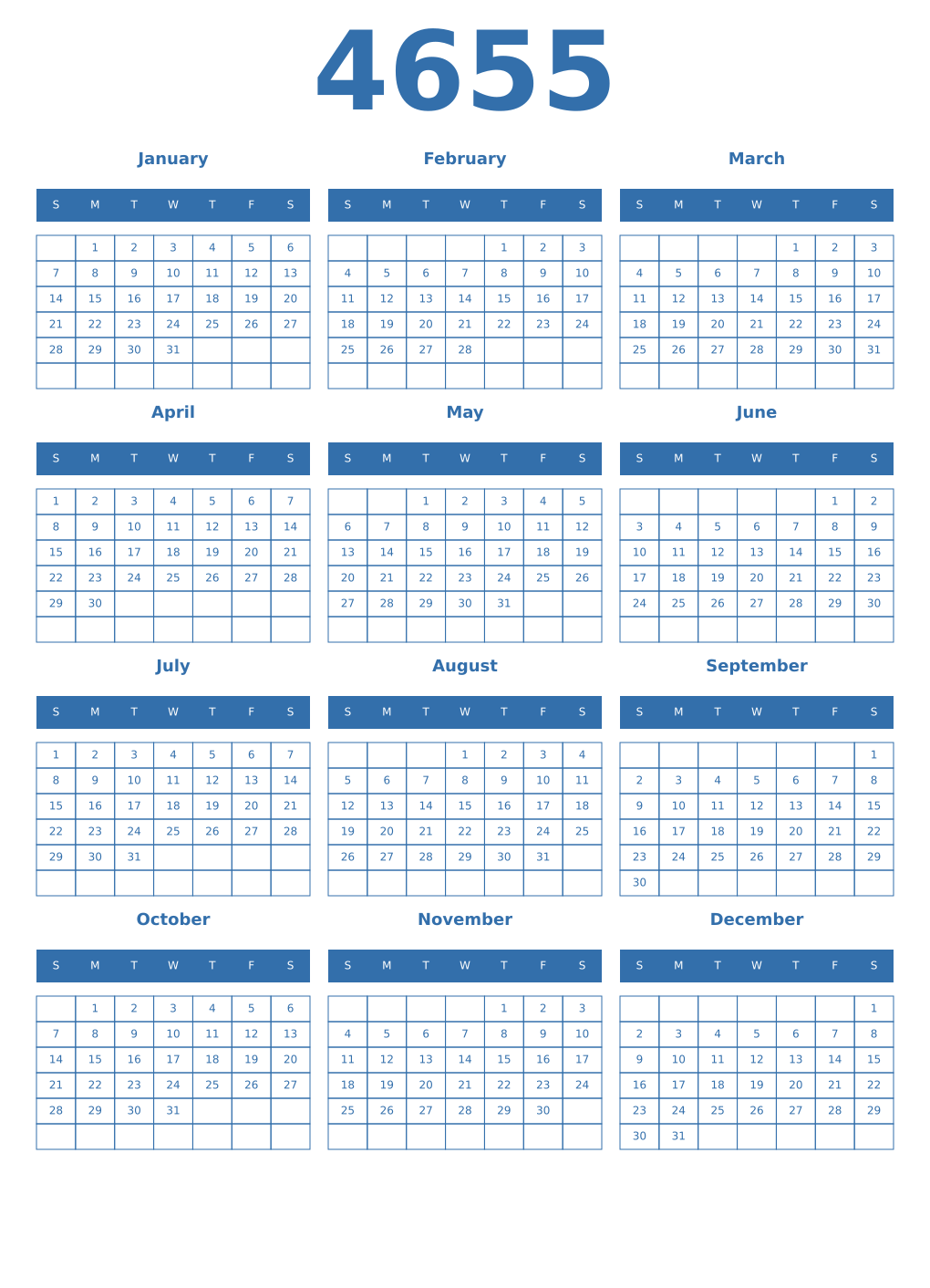 Printable 4655 Year Calendars blue