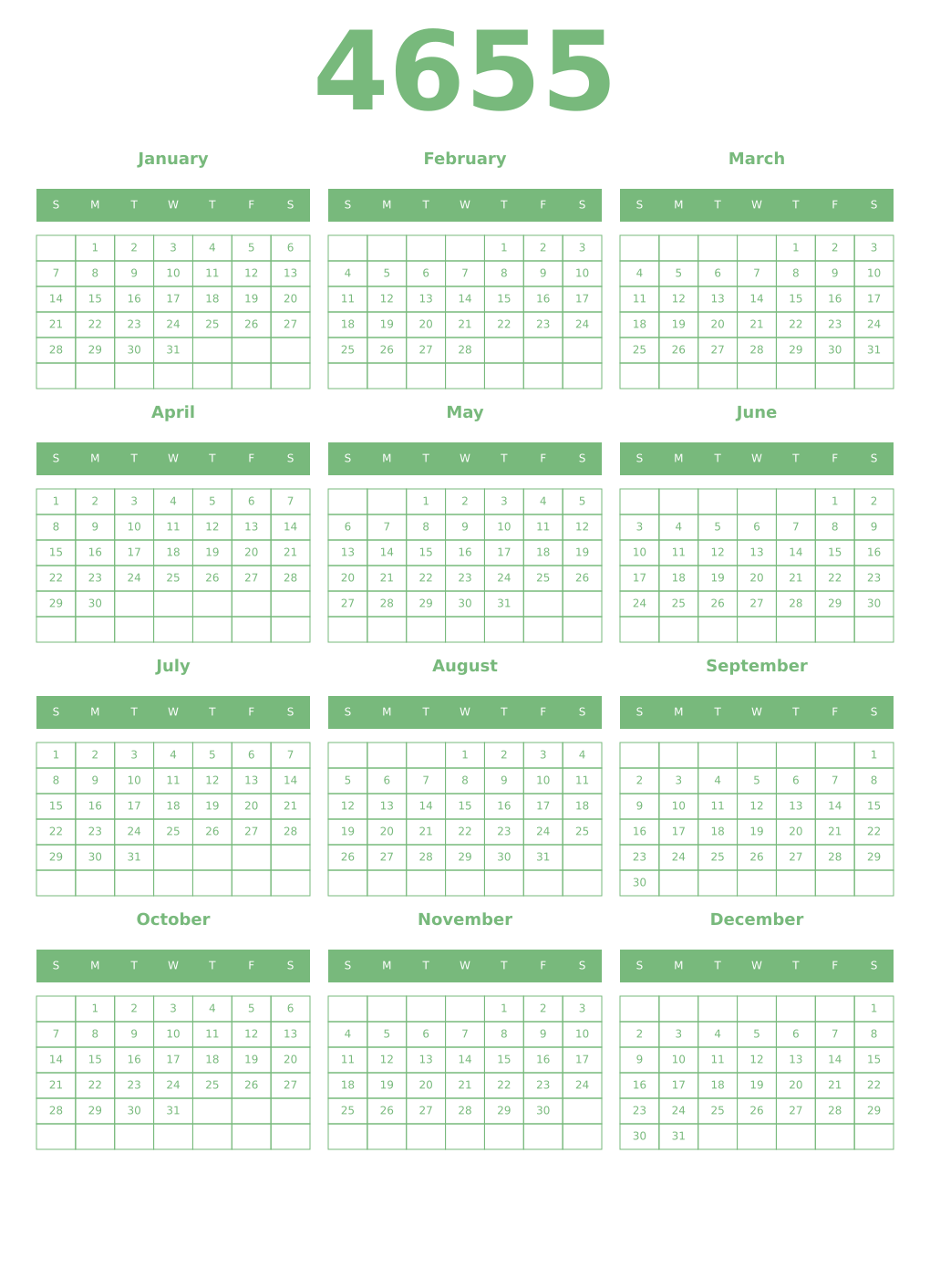Printable 4655 Year Calendars celadon